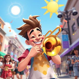 A character named Trombone Kyle, a cheerful and upbeat young man playing a shiny trombone