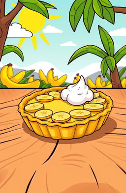 A vibrant and colorful cartoon-style illustration of a delicious banana pie (kue pai pisang)