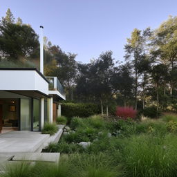 A modern home with sleek lines, a generous use of glass, and a minimalist interior aesthetic. The house is surrounded by lush landscaping that contrasts with the structure's clean design.