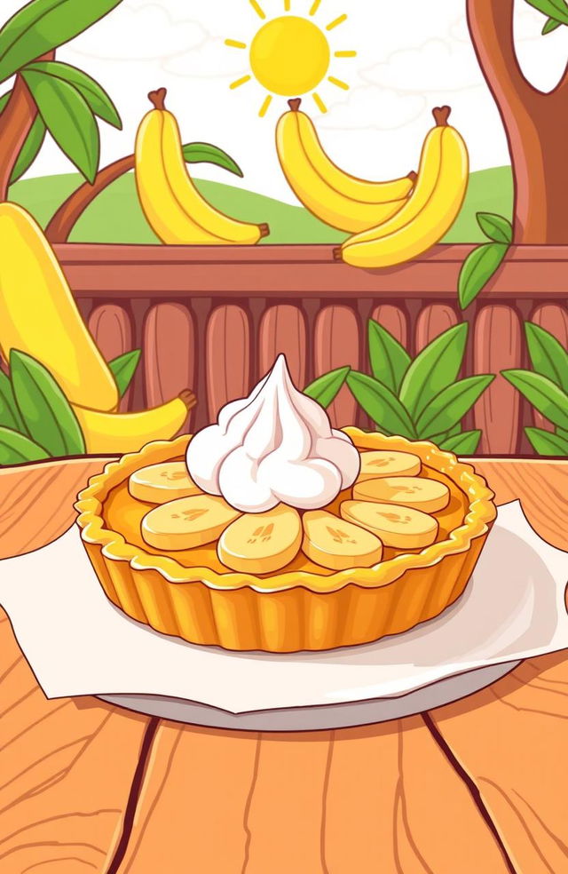 A vibrant and colorful cartoon-style illustration of a delicious banana pie (kue pai pisang)