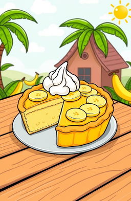 A vibrant and colorful cartoon-style illustration of a delicious banana pie (kue pai pisang)