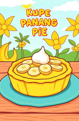A vibrant and colorful cartoon-style illustration of a delicious banana pie (kue pai pisang)
