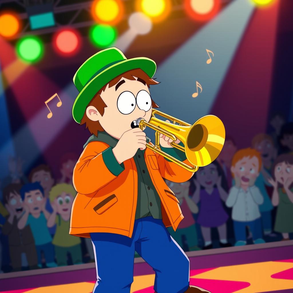 A character resembling Kyle Broflovski from South Park playing a trombone on a vibrant stage