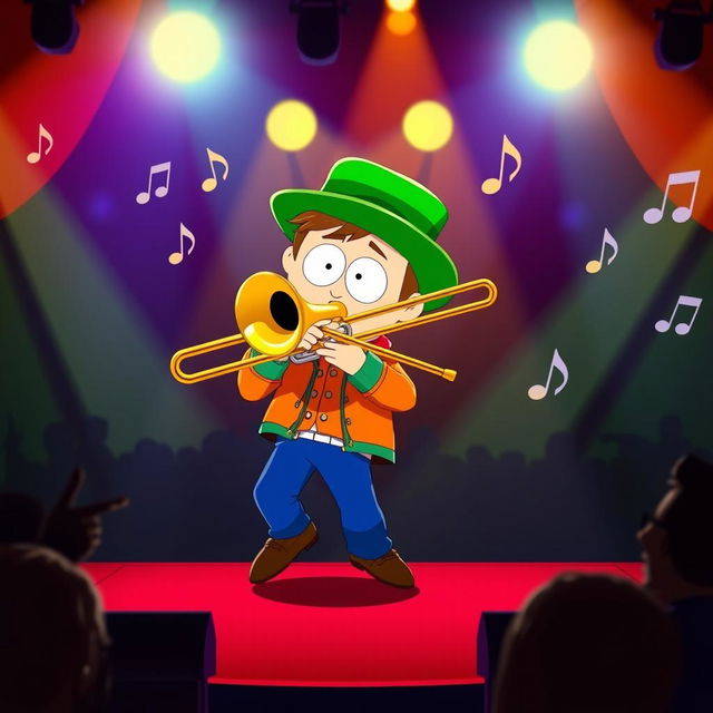 A character resembling Kyle Broflovski from South Park playing a trombone on a vibrant stage