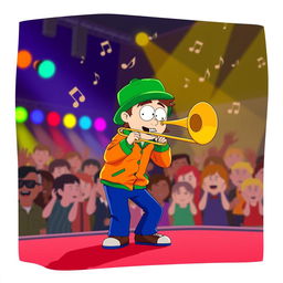 A character resembling Kyle Broflovski from South Park playing a trombone on a vibrant stage