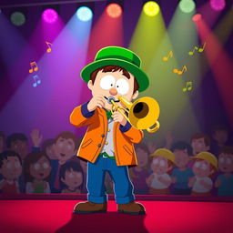 A character resembling Kyle Broflovski from South Park playing a trombone on a vibrant stage