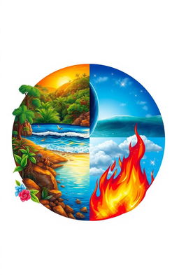 A vibrant, artistic representation of the four elements of life: Earth, Water, Air, and Fire