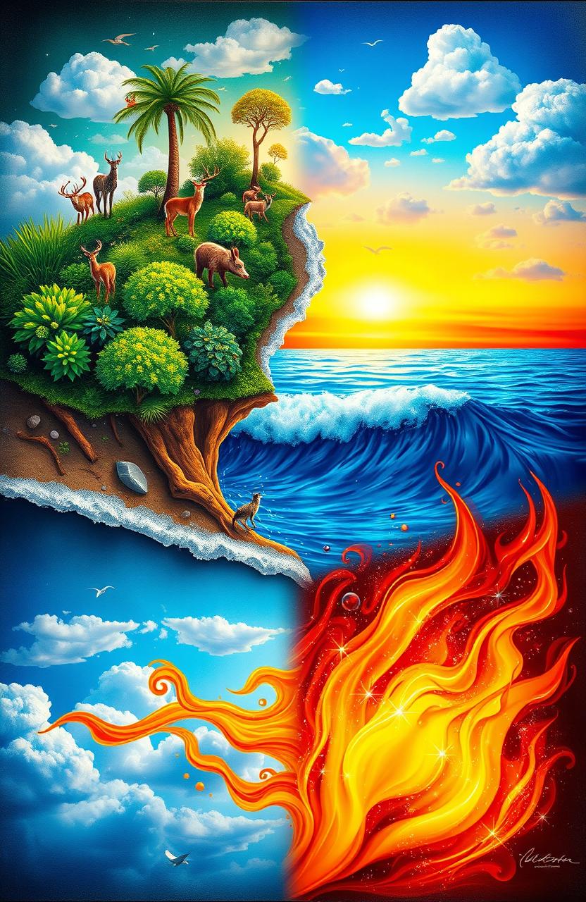 A vibrant, artistic representation of the four elements of life: Earth, Water, Air, and Fire