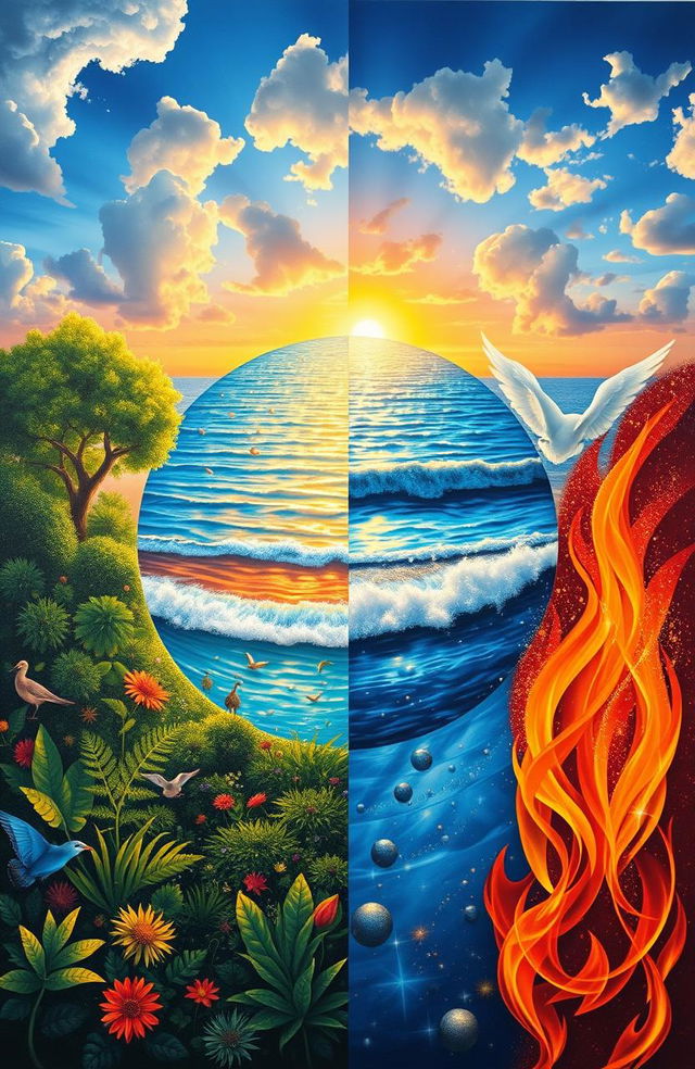 A vibrant, artistic representation of the four elements of life: Earth, Water, Air, and Fire