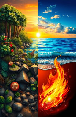 A vibrant, artistic representation of the four elements of life: Earth, Water, Air, and Fire