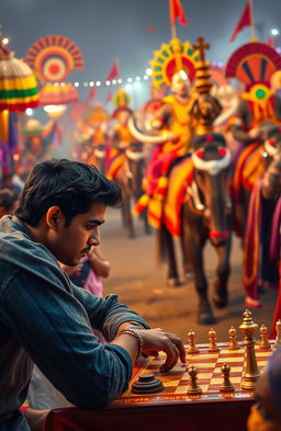 An Indian well-built young man, with dark hair and sharp features, intensely focused as he plays chess against an Indian politician, dressed in traditional attire, at a vibrant carnival festival