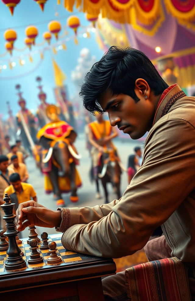 An Indian well-built young man, with dark hair and sharp features, intensely focused as he plays chess against an Indian politician, dressed in traditional attire, at a vibrant carnival festival