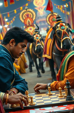 An Indian well-built young man, with dark hair and sharp features, intensely focused as he plays chess against an Indian politician, dressed in traditional attire, at a vibrant carnival festival