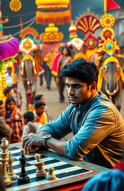 An Indian well-built young man, with dark hair and sharp features, intensely focused as he plays chess against an Indian politician, dressed in traditional attire, at a vibrant carnival festival