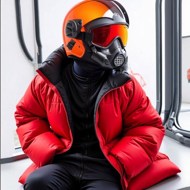 A heavy red and black puffer suit designed for extreme environments, featuring a glossy and padded exterior