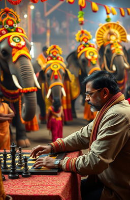 An Indian well-built young man engaged in an intense game of chess with an Indian politician at a vibrant carnival fest
