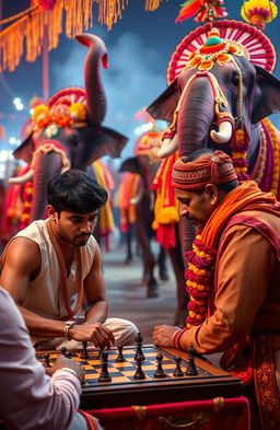 An Indian well-built young man engaged in an intense game of chess with an Indian politician at a vibrant carnival fest