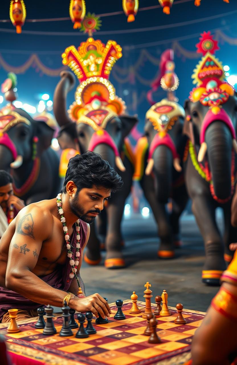 An Indian well-built young man engaged in an intense game of chess with an Indian politician at a vibrant carnival fest