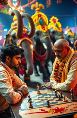 An Indian well-built young man engaged in an intense game of chess with an Indian politician at a vibrant carnival fest