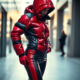 A stylish individual in a heavy, tight-fitting shiny red and black puffer suit, showcasing a blend of comfort and modern fashion