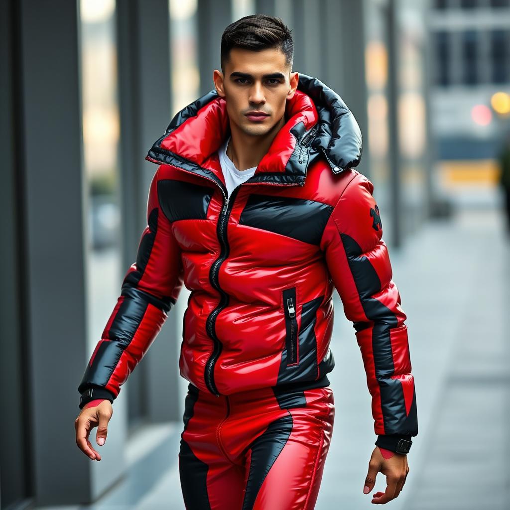 A stylish individual in a heavy, tight-fitting shiny red and black puffer suit, showcasing a blend of comfort and modern fashion