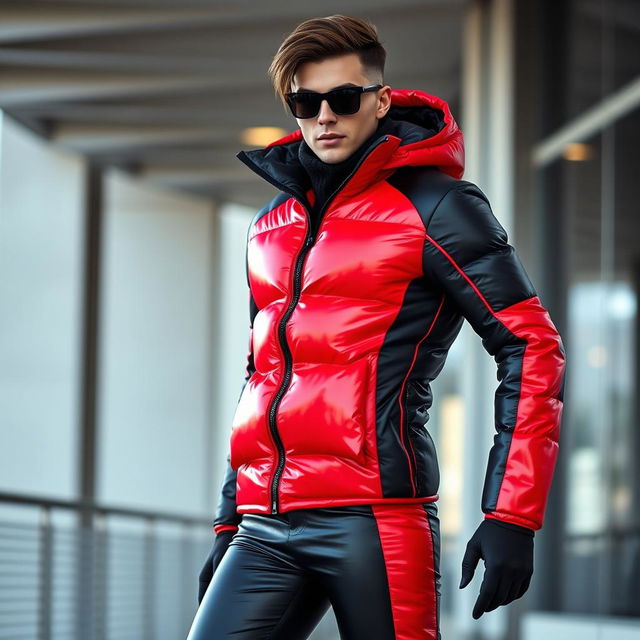 A stylish individual in a heavy, tight-fitting shiny red and black puffer suit, showcasing a blend of comfort and modern fashion