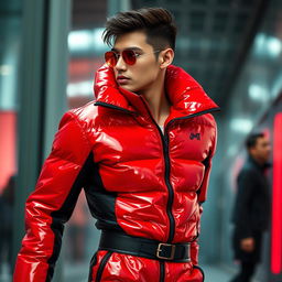 A stylish individual in a heavy, tight-fitting shiny red and black puffer suit, showcasing a blend of comfort and modern fashion