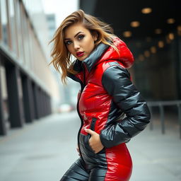 A fashionable young woman in a heavy, tight-fitting shiny red and black puffer suit, exuding confidence and style