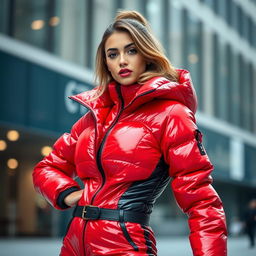 A fashionable young woman in a heavy, tight-fitting shiny red and black puffer suit, exuding confidence and style