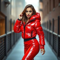 A fashionable young woman in a heavy, tight-fitting shiny red and black puffer suit, exuding confidence and style