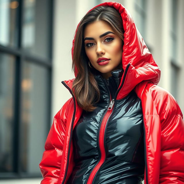 A fashionable young woman in a heavy, tight-fitting shiny red and black puffer suit, exuding confidence and style