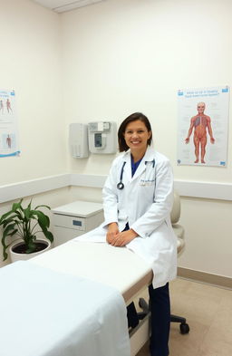 A serene and well-equipped medical examination room, featuring a comfortable examination table with fresh linens, medical charts on the wall, a stethoscope hanging, and a medical professional in a white coat preparing for a routine check-up