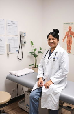 A serene and well-equipped medical examination room, featuring a comfortable examination table with fresh linens, medical charts on the wall, a stethoscope hanging, and a medical professional in a white coat preparing for a routine check-up