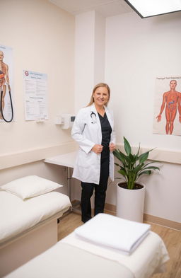 A serene and well-equipped medical examination room, featuring a comfortable examination table with fresh linens, medical charts on the wall, a stethoscope hanging, and a medical professional in a white coat preparing for a routine check-up