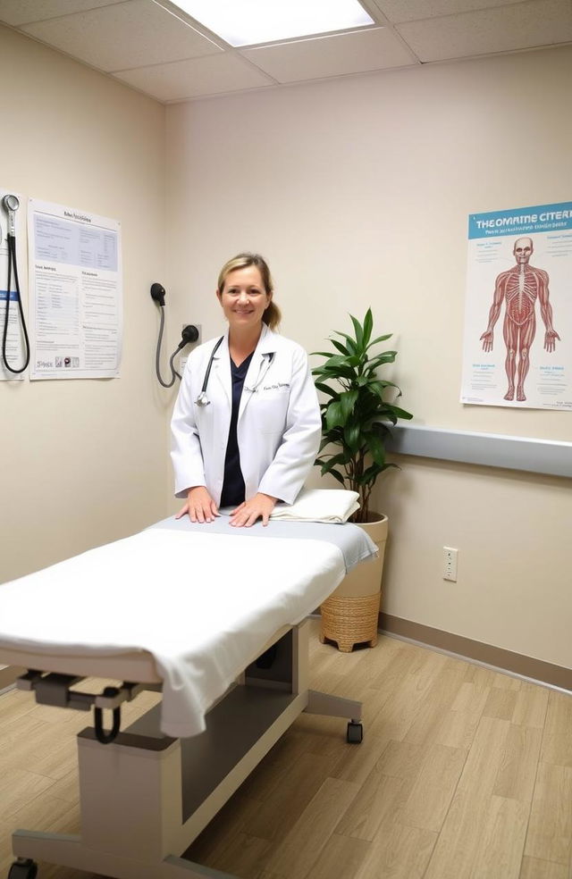 A serene and well-equipped medical examination room, featuring a comfortable examination table with fresh linens, medical charts on the wall, a stethoscope hanging, and a medical professional in a white coat preparing for a routine check-up