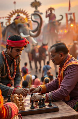 An Indian well-built young man intensely playing chess with an Indian politician at a lively carnival fest