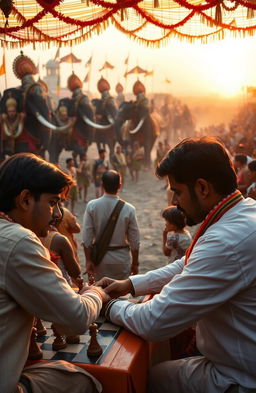 An Indian well-built young man intensely playing chess with an Indian politician at a lively carnival fest