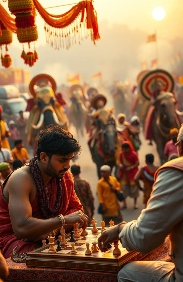 An Indian well-built young man intensely playing chess with an Indian politician at a lively carnival fest