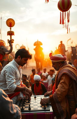 An Indian well-built young man intensely playing chess with an Indian politician at a lively carnival fest