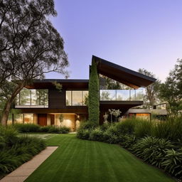 A modern home with sleek lines, a generous use of glass, and a minimalist interior aesthetic. The house is surrounded by lush landscaping that contrasts with the structure's clean design.