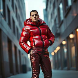 A fashionable individual in a heavy, tight-fitting shiny red and black puffer suit, exuding confidence and style