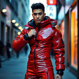 A fashionable individual in a heavy, tight-fitting shiny red and black puffer suit, exuding confidence and style
