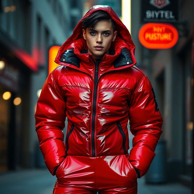 A fashionable individual in a heavy, tight-fitting shiny red and black puffer suit, exuding confidence and style