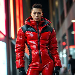 A fashionable individual in a heavy, tight-fitting shiny red and black puffer suit, exuding confidence and style