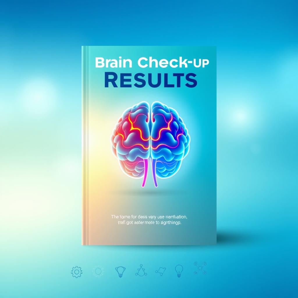 A book cover design for a brain check-up results report, featuring a visually striking image of a human brain illustration in the center, showcasing neural pathways highlighted in bright colors