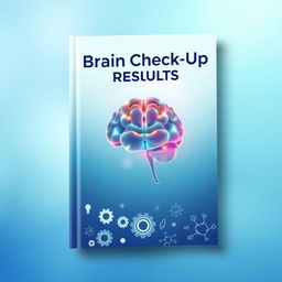 A book cover design for a brain check-up results report, featuring a visually striking image of a human brain illustration in the center, showcasing neural pathways highlighted in bright colors