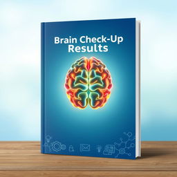 A book cover design for a brain check-up results report, featuring a visually striking image of a human brain illustration in the center, showcasing neural pathways highlighted in bright colors
