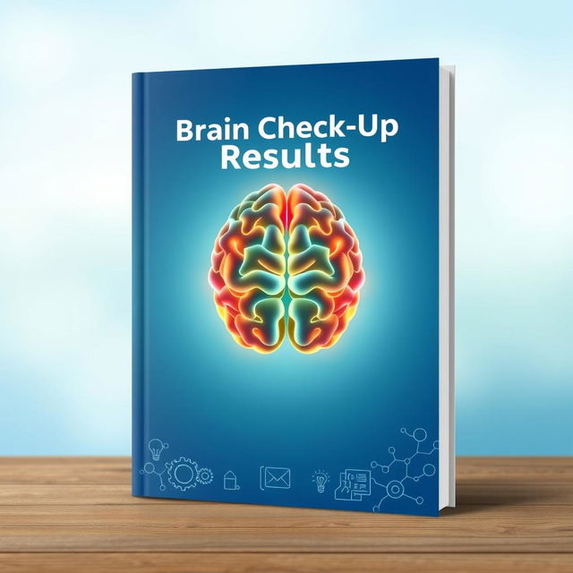 A book cover design for a brain check-up results report, featuring a visually striking image of a human brain illustration in the center, showcasing neural pathways highlighted in bright colors