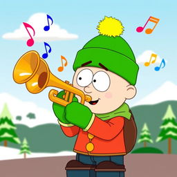 A cartoonish character inspired by Kyle Broflovski from South Park, playing a brass trumpet