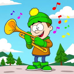A cartoonish character inspired by Kyle Broflovski from South Park, playing a brass trumpet